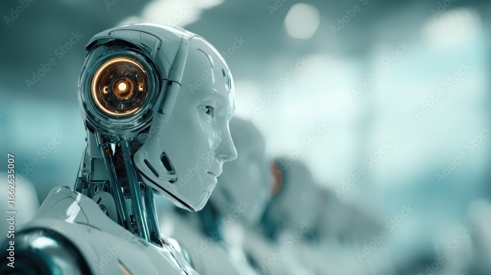 Poster advanced robot figure displaying innovation and technology as a colleague in a modern professional e