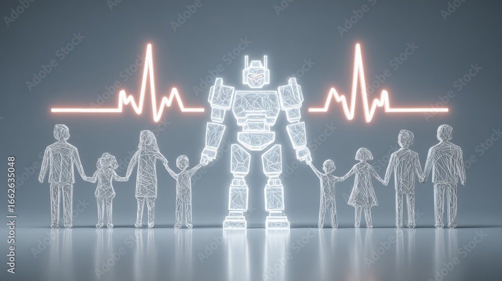 Aufkleber robot standing with a group of people showcasing teamwork and interaction in an iconic team pulse co