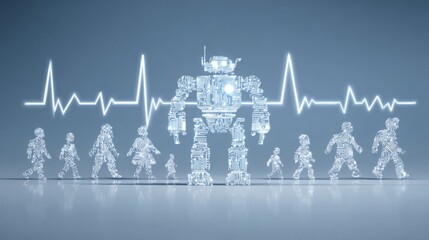 Robot with heartbeat symbolizing connection and compassion in a team pulse concept highlighting human-robot interaction