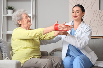 Obraz premium Senior woman with stretching band and physical therapist at home