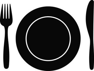Minimalistic Black Plate and Cutlery Icon, Simple Dining Set, Elegant Tableware, Clean Design, Modern Dining Illustration