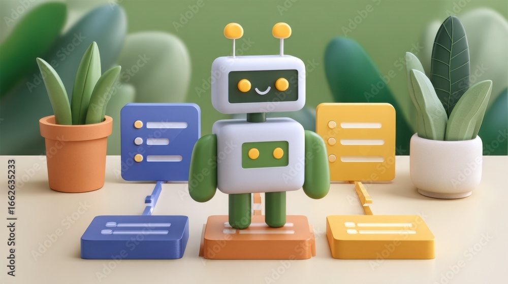 Poster engaging robot standing next to a visual representation of ai stakeholder manager concept for stakeh