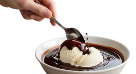 Hand pouring chocolate sauce over a scoop of vanilla ice cream in a bowl isolated on transparent background
