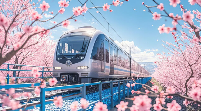 A train passes by a cherry blossom tree in spring, railway transport, cherry blossom train scenery