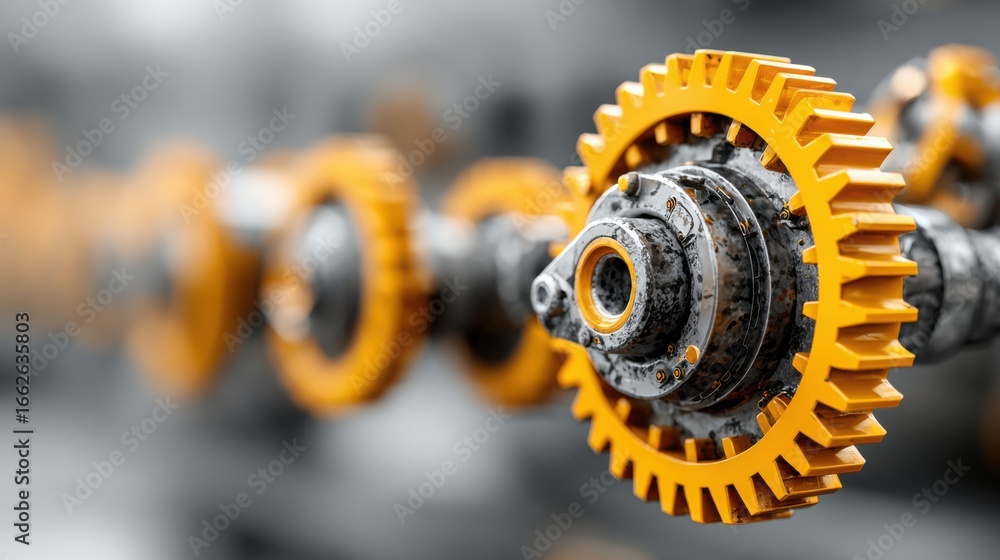 Poster close-up view of industrial gear symbolizing business automation matrix in a robotic system operatio