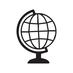 A simple black globe icon, showing continents in silhouette. The design is minimalistic with a white background, suitable for education, travel, or global business themes.