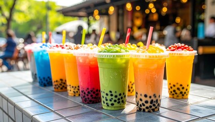 Colorful bubble tea drinks displayed outdoors