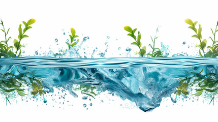 Fresh clean water splash with green aquatic plants — concept of purity, nature, and environmental freshness, Isolated on transparent background, PNG