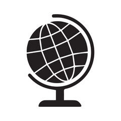 A simple black globe icon, showing continents in silhouette. The design is minimalistic with a white background, suitable for education, travel, or global business themes.