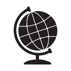 A simple black globe icon, showing continents in silhouette. The design is minimalistic with a white background, suitable for education, travel, or global business themes.