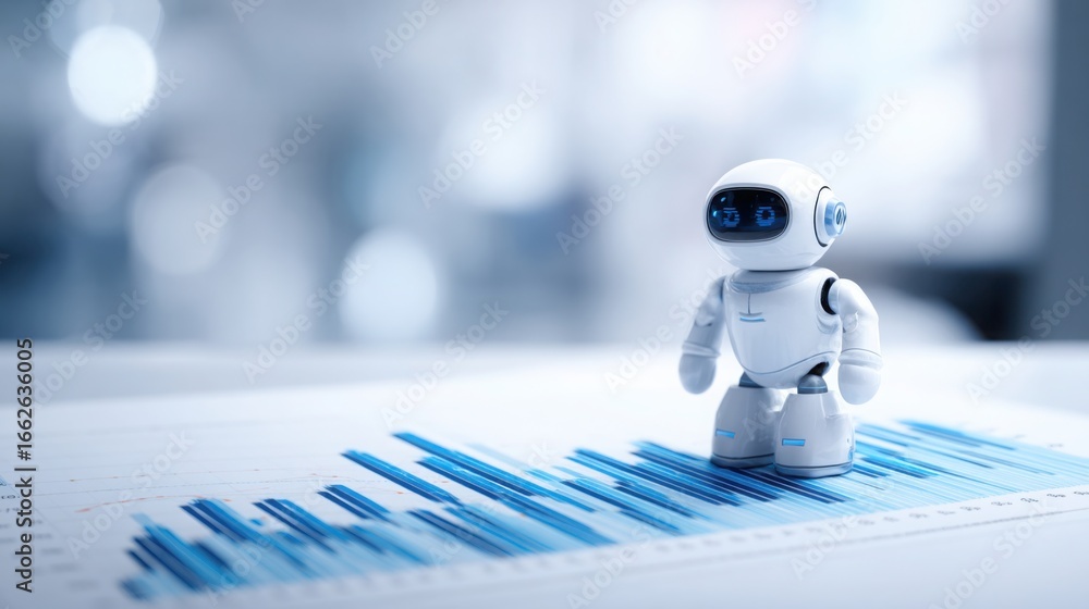 Poster robot analyzing a table chart representing a data miner bot concept for enhanced business insights a