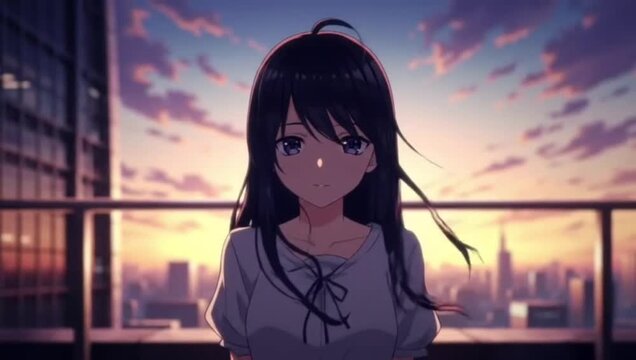 A close-up shot of an anime character with long black hair and large purple eyes, standing on a balcony with a blurred city skyline at sunset.