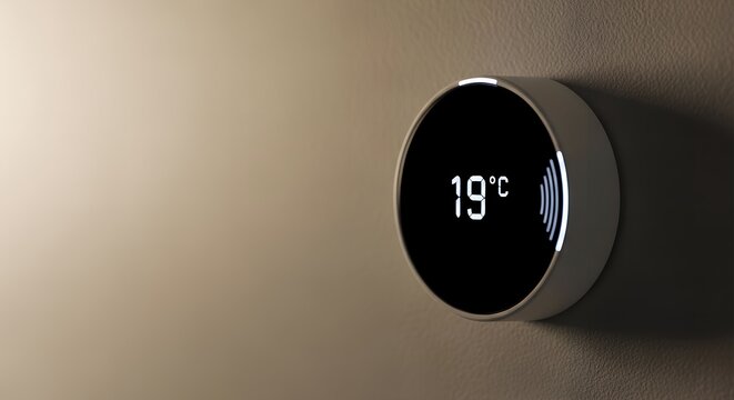 Close-up view of a smart thermostat displaying 19°C against a neutral beige wall, showcasing modern home technology with a