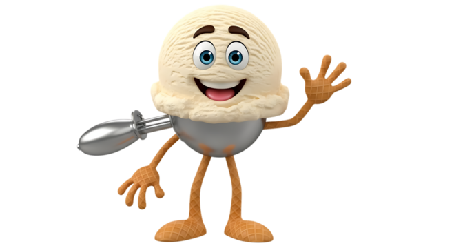 A cheerful cartoon ice cream scoop character waving hello, isolated on transparent background