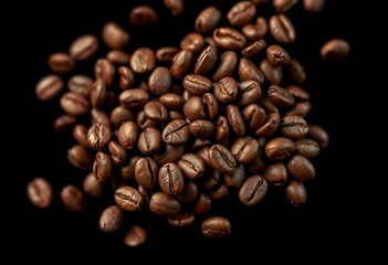 Obraz premium Close-up of roasted coffee beans mid-air against a black backdrop, showcasing rich brown textures, brown, macro