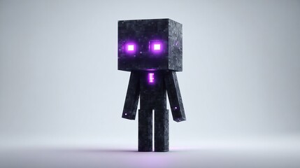 A dark-grey, cube-headed, humanoid figure with glowing purple eyes stands against a bright white background. Its body is blocky and seemingly made of and the luminescence of its eyes