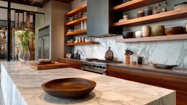 Modern kitchen design: a well-designed and organized modern kitchen with an island and wooden elements. featuring a marble countertop, range oven, and open shelves full of decorative objects 