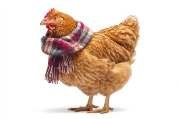 Fototapeta premium A brown chicken wearing a scarf stands against a white backdrop