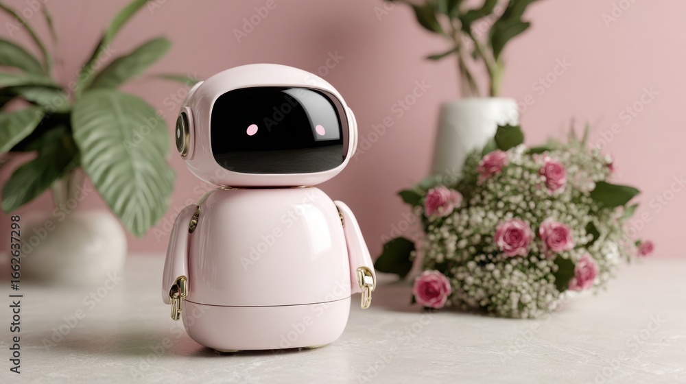 Poster minimalist business intelligence chatbot icon featuring a pink robot design representing advanced co