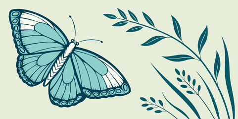 Stylised blue butterfly illustration, vector artwork with clean green backdrop.