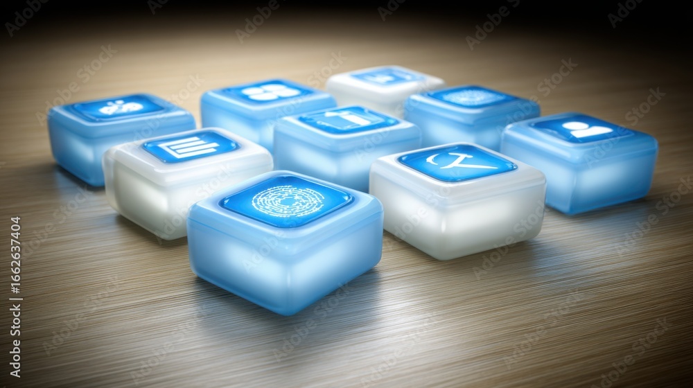 Poster business kpis ai tracker icon concept highlighting a group of blue robots on a wooden surface repres