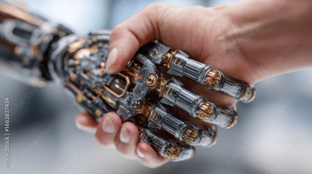 Poster interactive business negotiation ai icon concept depicting a person and robot engaging in a handshak