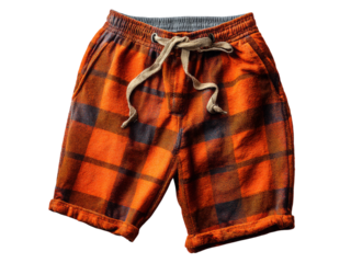 Mens orange plaid shorts casual summer comfortable drawstring waist, Isolated On White Background, Png Transparent