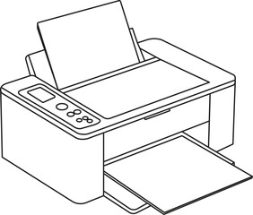 Line art illustration of a modern printer with paper input and output trays, isolated on white background.