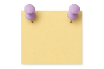 Yellow sticky note pinned with purple thumbtacks, floating against transparent background, highlighting clean communication and minimal design concept