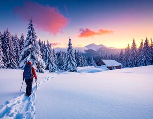 Winter hiker in snowy mountains at sunrise