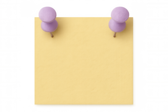 Yellow sticky note pinned with purple thumbtacks, floating against transparent background, highlighting clean communication and minimal design concept