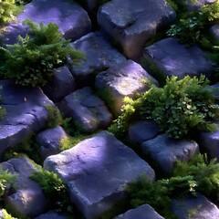 Seamless Top View Cobblestone Path Texture with Greenery Detail