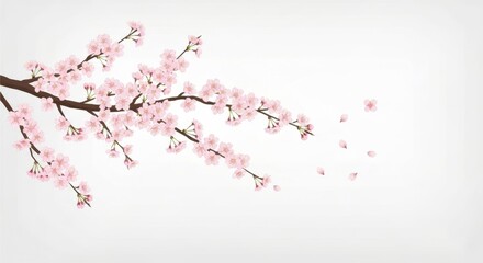 Delicate Cherry Blossom Branch with Falling Petals on Light Background