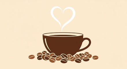 Obraz premium Warm Coffee Cup with Heart Steam and Coffee Beans on Beige Background