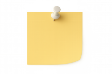 Yellow sticky note affixed with white pushpin, casting soft shadow on transparent surface, signaling quick memo or important reminder