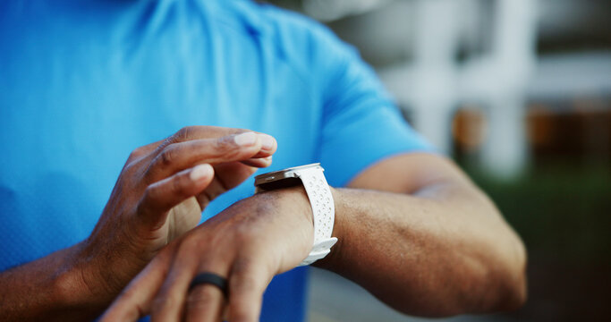 Smart watch, fitness and hands of man in city for tracking exercise, training and workout progress. Sports, outdoor and person with digital tech for wellness app, running performance and health stats