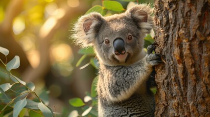 Obraz premium Close up of a koala clinging to a tree in the forest light