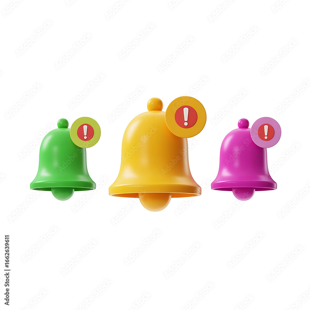Poster three colorful notification bells with alert icons symbolizing important updates and alerts on a pla