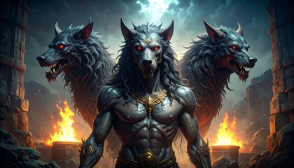 Fototapeta premium Powerful mythical creature with multiple wolf heads