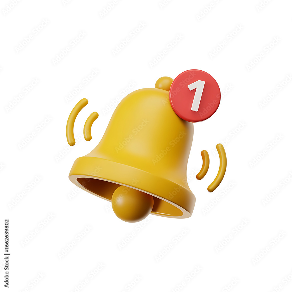 Poster yellow notification bell icon with red alert number 1 sign vibrating sound waves subtle motion graph