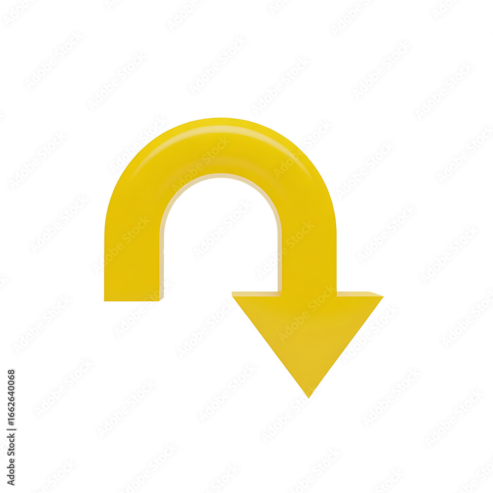 Poster Glossy yellow u-turn arrow symbol indicating direction change and reversal on a transparent background
