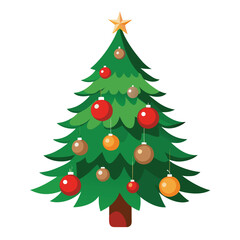 A majestic pine tree decorated with baubles, isolated on a clean background.