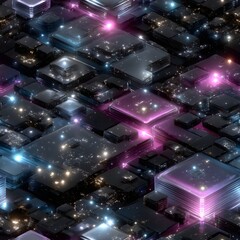 Digital Grid Floor Texture with Glowing Elements and 3D Effects