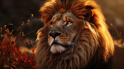 Fototapeta premium Majestic creature with a golden mane in a natural setting