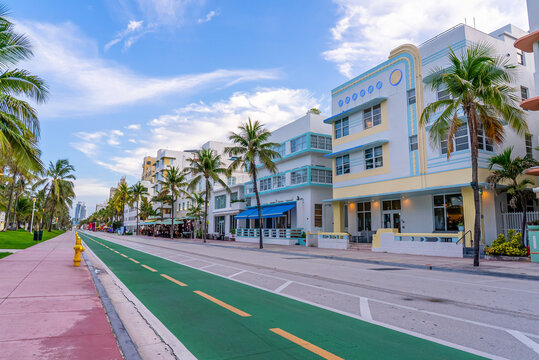 Ocean Drive, a famous street in Miami Beach, Florida. Sunny day with blue sky.