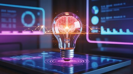 Glowing light bulb with brain inside on digital interface
