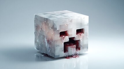 A melting, cube-shaped creature with a distressed face, rendered in a pixelated style, drips a red substance onto a reflective surface.  Its white, icy exterior shows signs of decay and damage