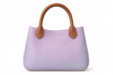 Lilac leather handbag featuring brown handles, positioned against transparent backdrop, highlighting sophisticated accessory design for retail marketing