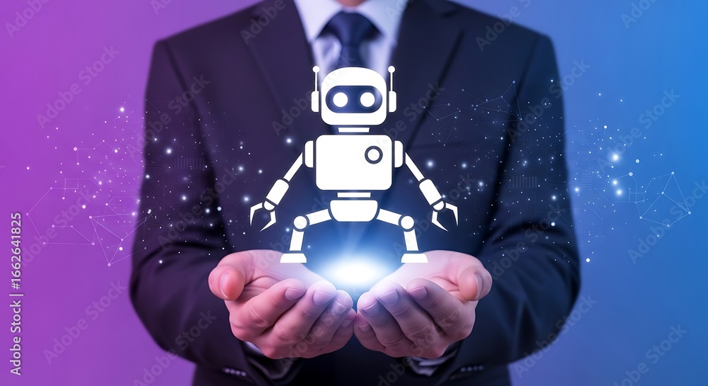 Poster conceptual image of a businessman holding a robot in his hands, symbolizing artificial intelligence 