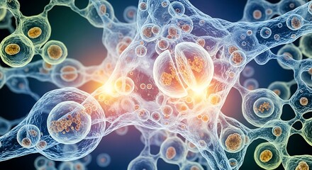 Naklejka premium 3D illustration of interconnected biological cells with glowing nuclei, abstract molecular biology and biotechnology research background 